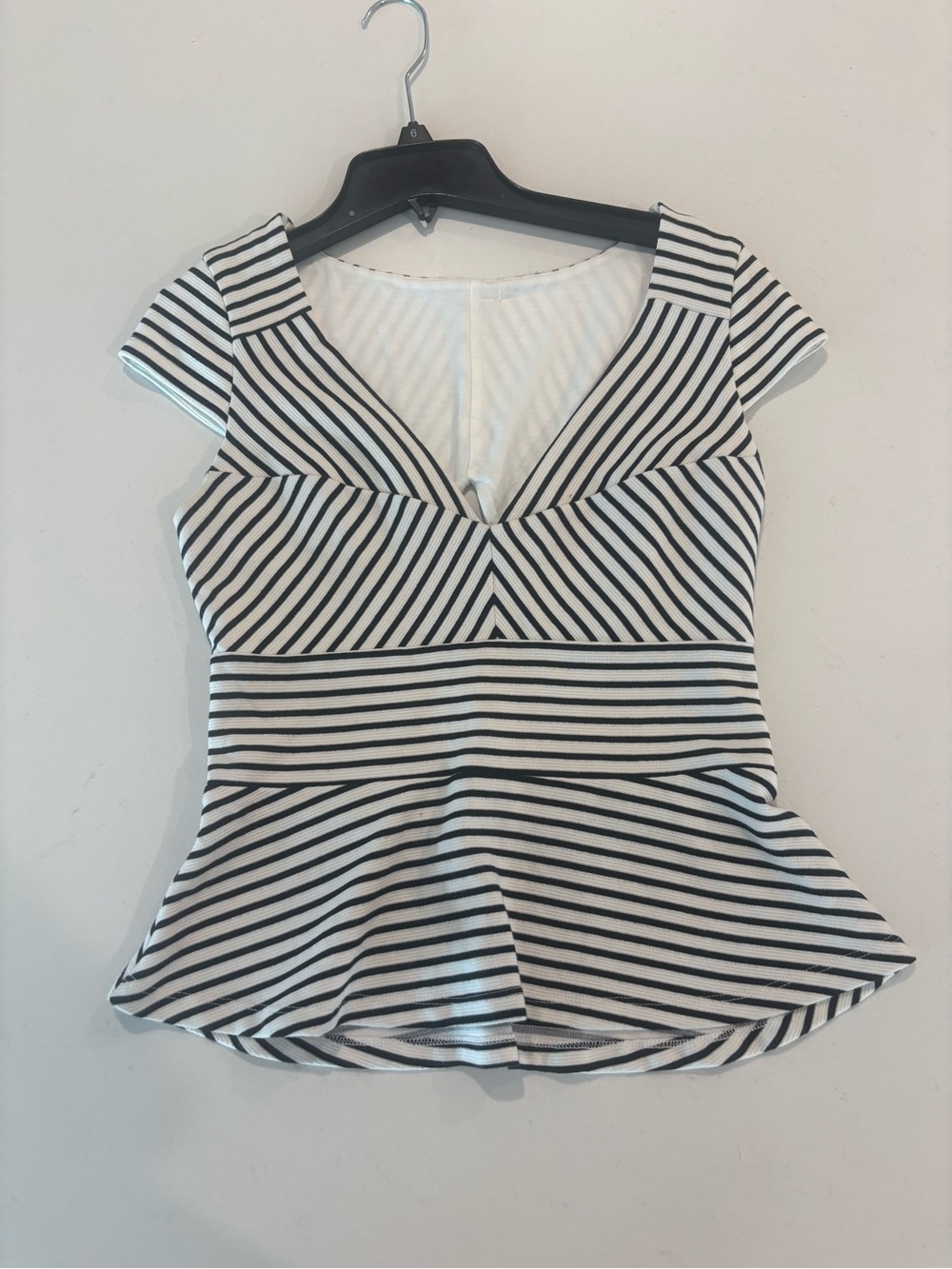 bebe Black White Striped Peplum Open Back Top Size S